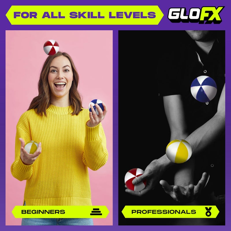 GloFX Juggling Balls [Pack of 3] for Beginners to Advanced Jugglers - No Bounce Design - Durable Weighted Juggle Ball Kit - 2 Layer Construction - Soft and Easy Juggling Kit - Mixed Colors - Image 2